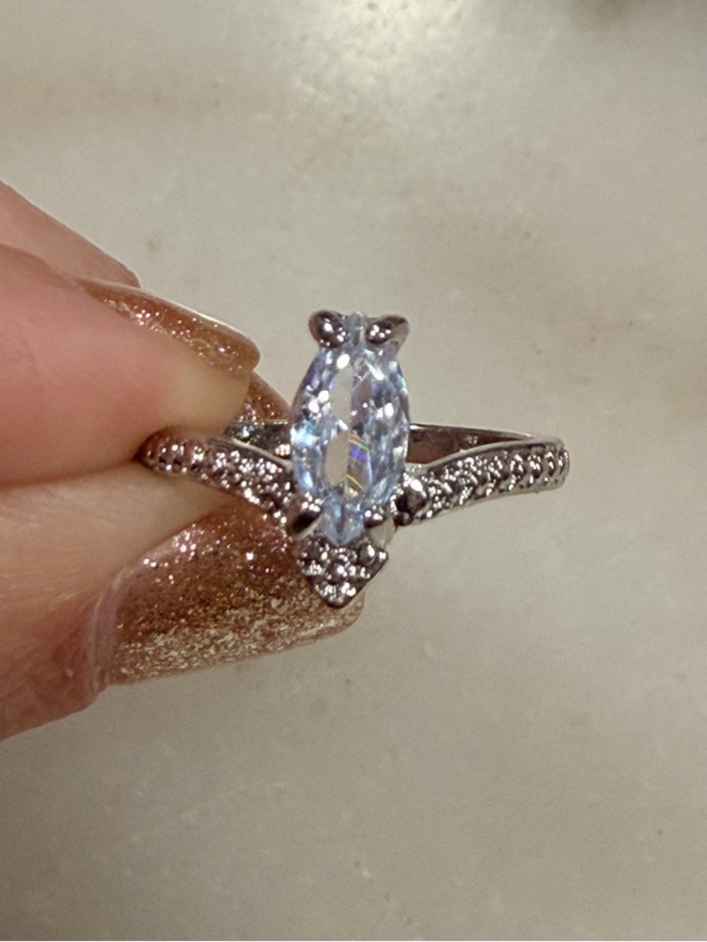 Solitaire Marquise Blue Cubic Zirconia Ring in Silver Size 8